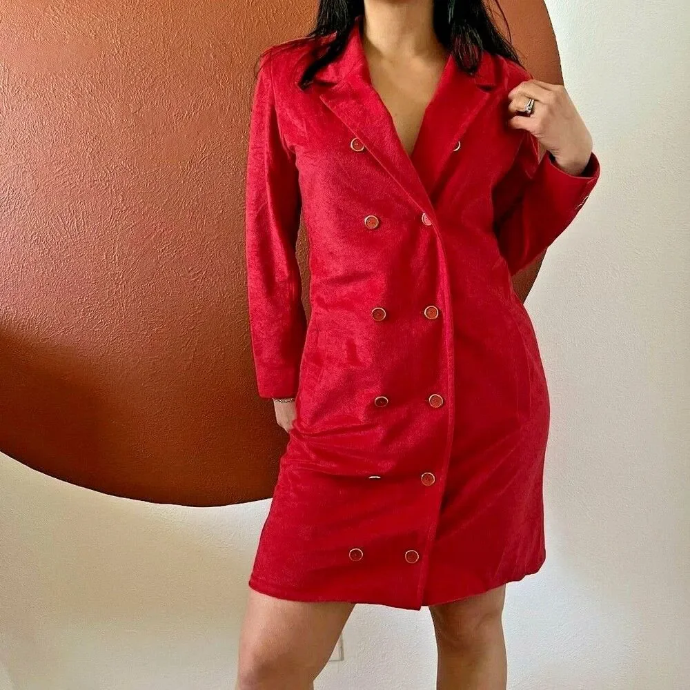 vtg 60s red coat dress long sleeve‎ double breasted pockets mini wedding guest 8